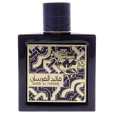 Lattafa Qaed Al Fursan perfume black square bottle with gold horse design and Arabic text